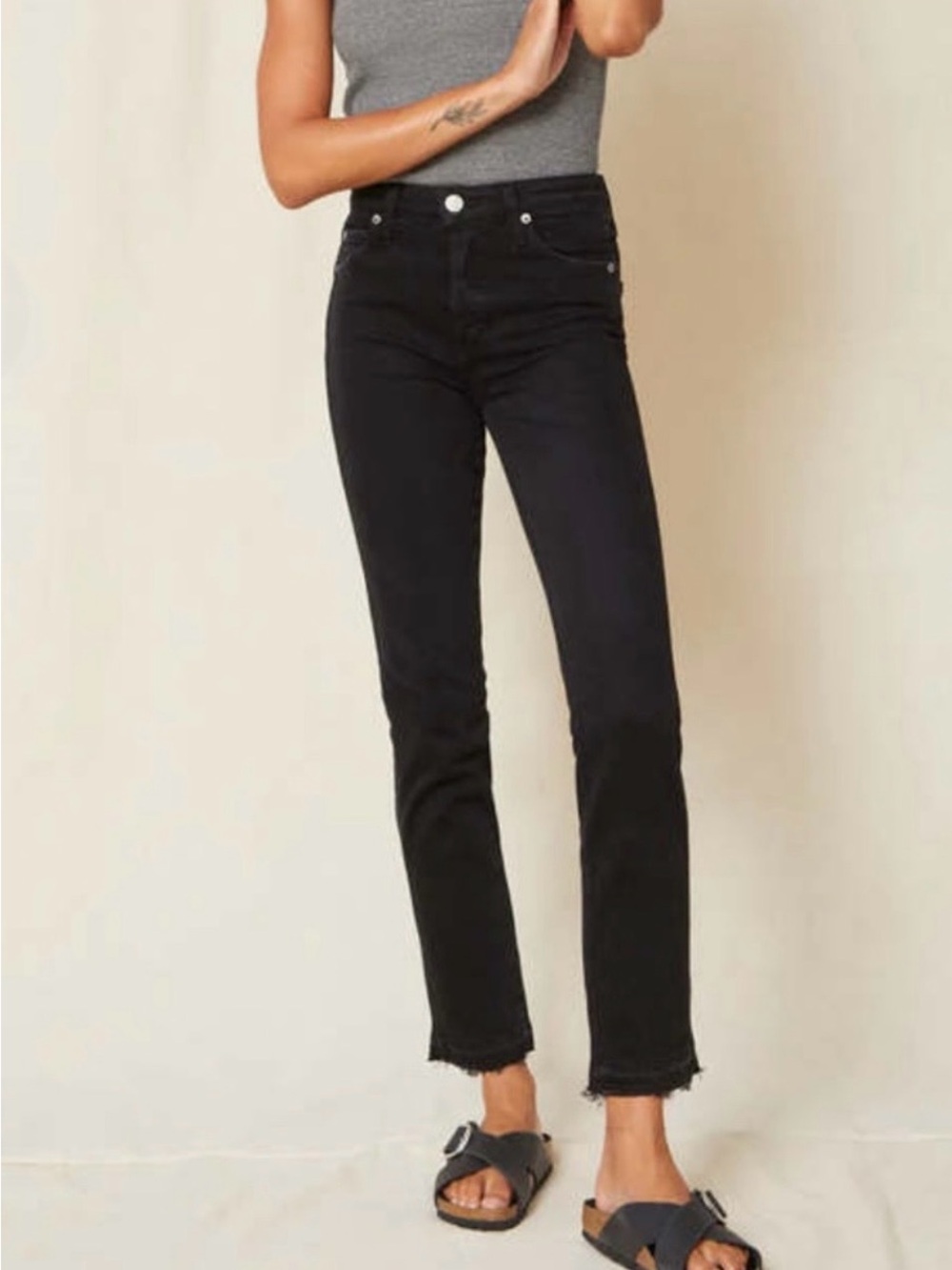 AMO Babe High Rise Slim Straight Jeans Black Magic Raw Hem Button Fly Sz 25